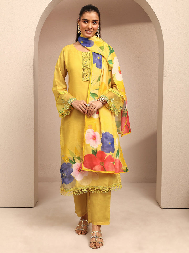 Yellow Printed Cotton Blend Straight Suit Set With Dupatta