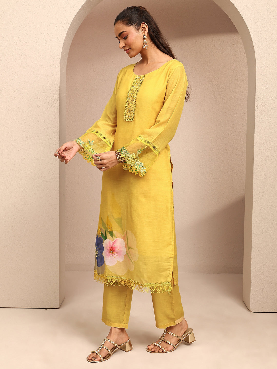 Yellow Printed Cotton Blend Straight Suit Set With Dupatta