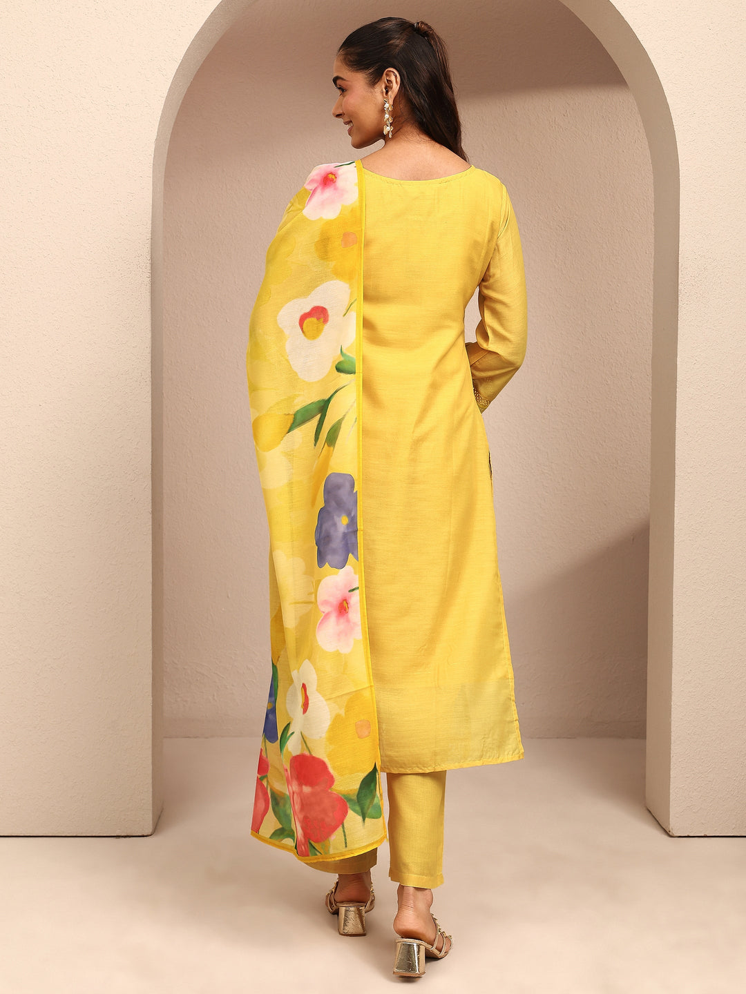 Yellow Printed Cotton Blend Straight Suit Set With Dupatta