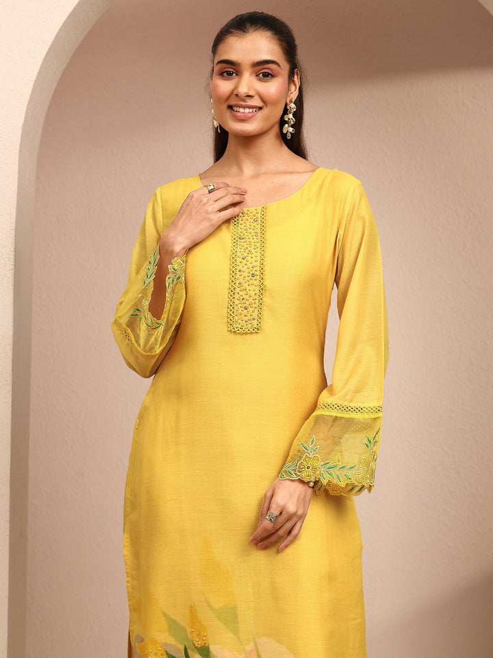 Yellow Printed Cotton Blend Straight Suit Set With Dupatta