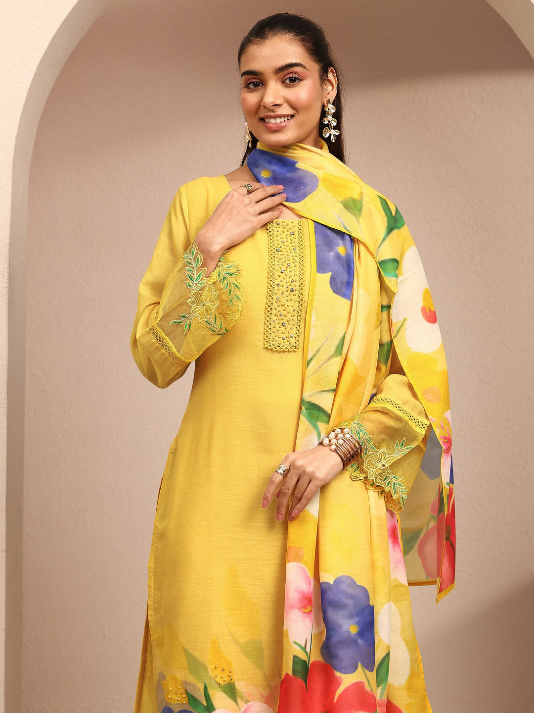 Yellow Printed Cotton Blend Straight Suit Set With Dupatta