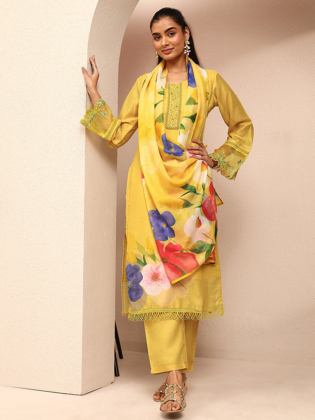 Yellow Printed Cotton Blend Straight Suit Set With Dupatta