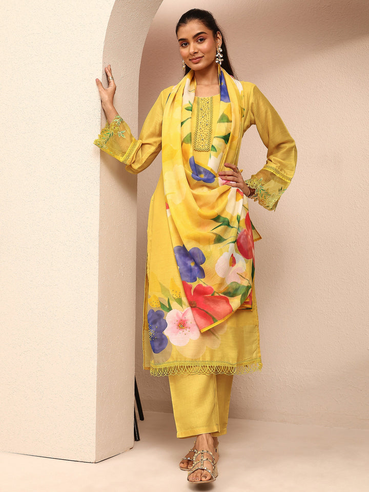 Yellow Printed Cotton Blend Straight Suit Set With Dupatta