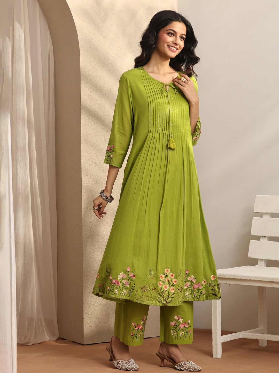 Green Embroidered Cotton Anarkali Suit Set With Dupatta
