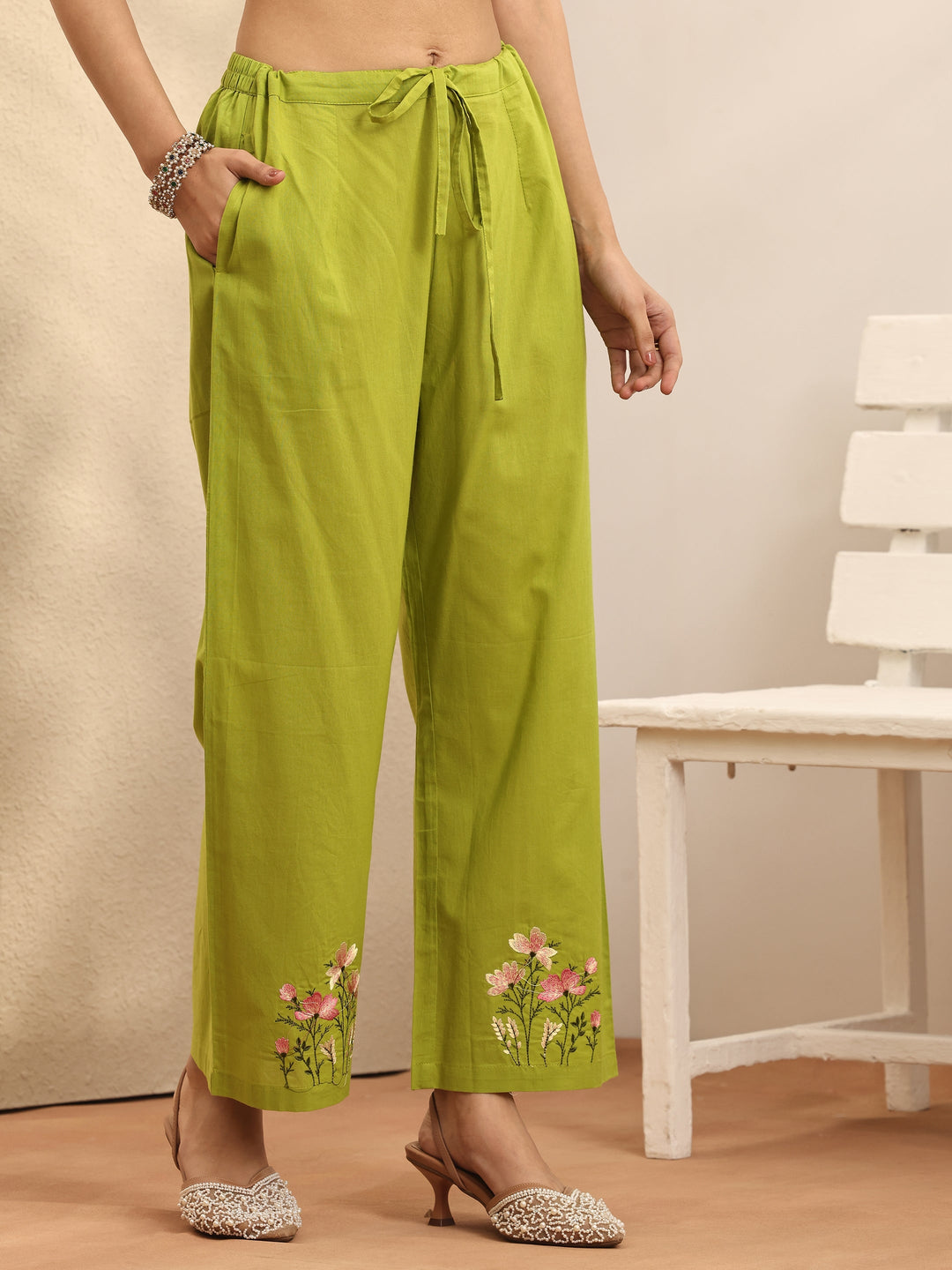 Green Embroidered Cotton Anarkali Suit Set With Dupatta