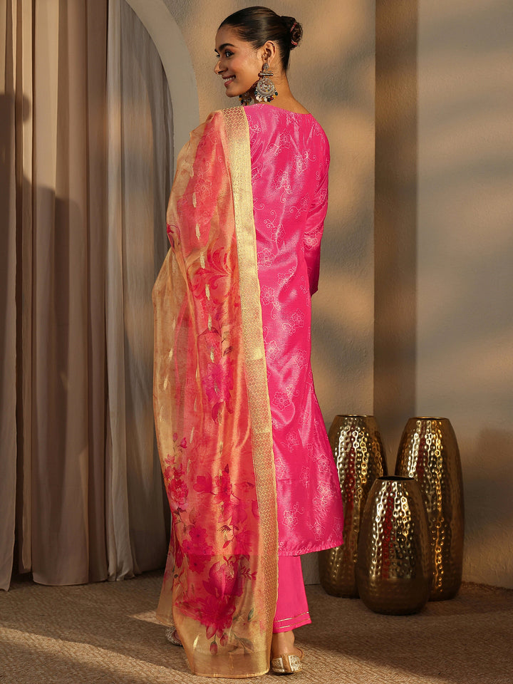 Pink Bandhani Printed Chinon Straight Suit Set With Dupatta
