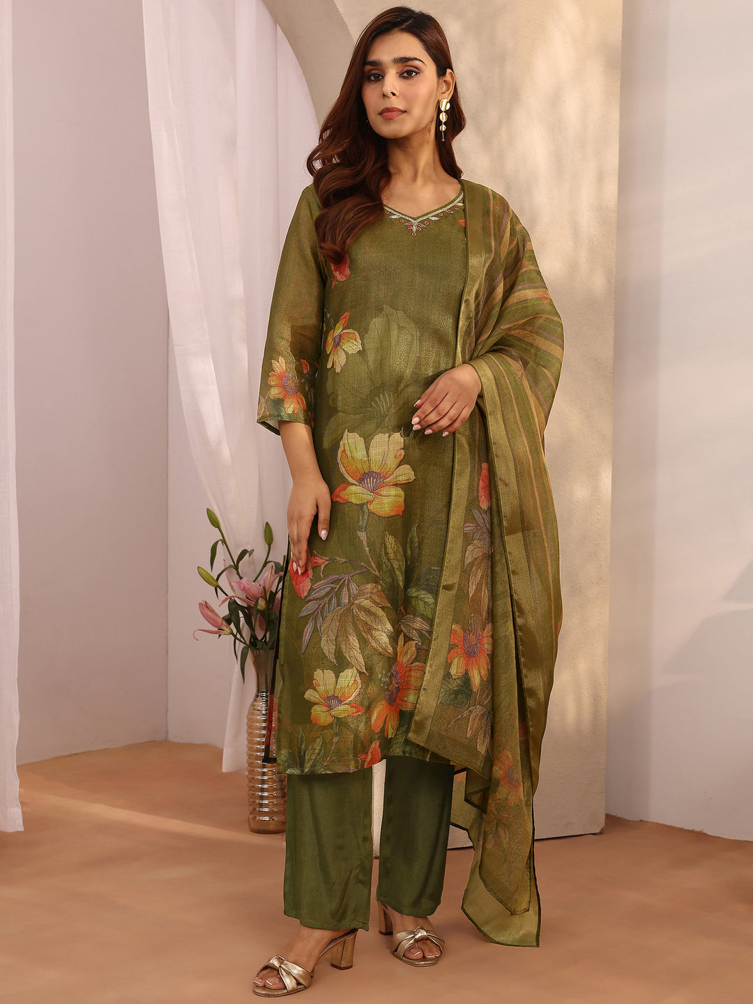 Olive Printed Silk Blend Straight Suit Set With Dupatta