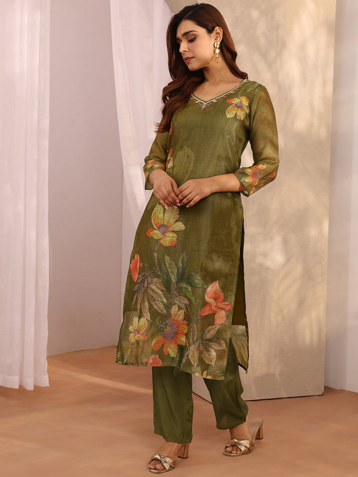 Olive Printed Silk Blend Straight Suit Set With Dupatta