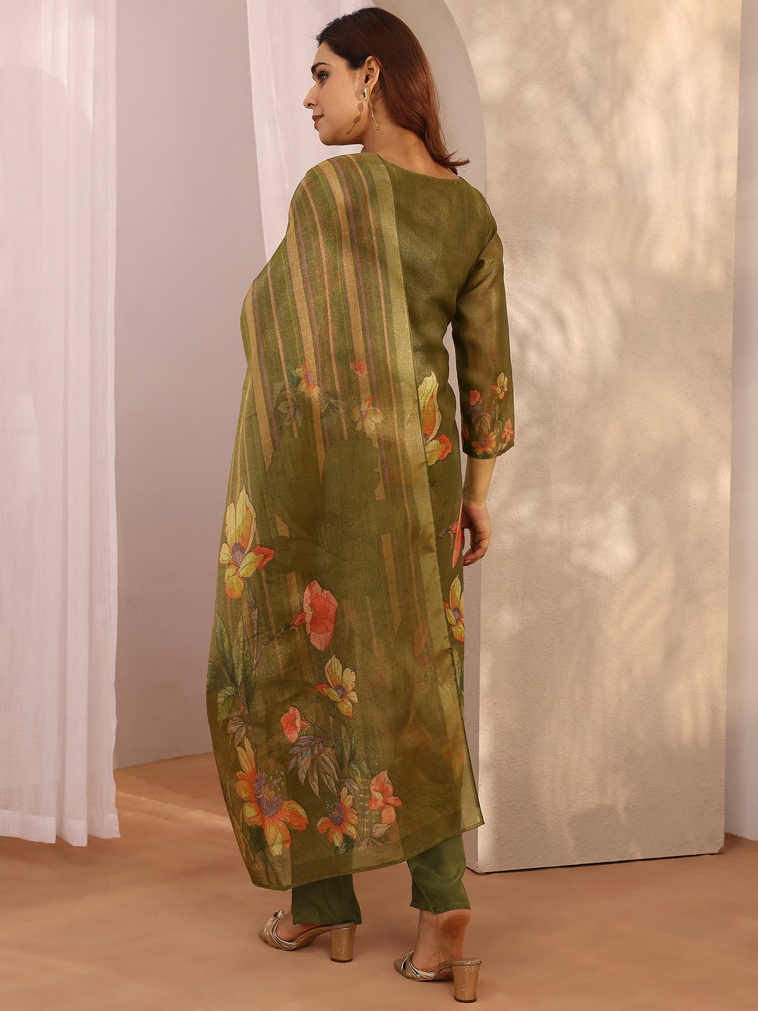 Olive Printed Silk Blend Straight Suit Set With Dupatta