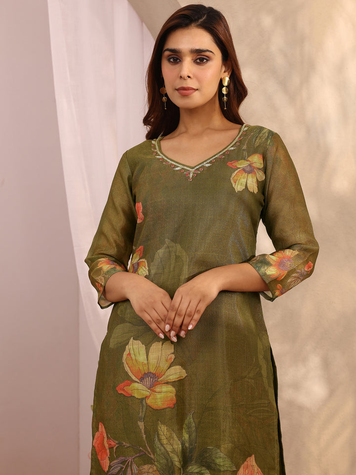 Olive Printed Silk Blend Straight Suit Set With Dupatta