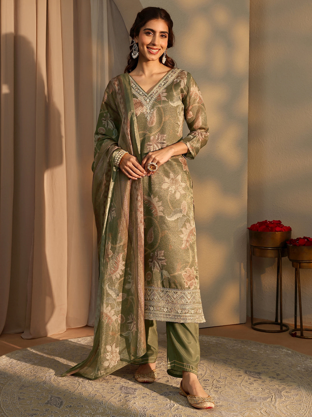 Olive Floral Printed Silk Blend Straight Suit Set With Dupatta