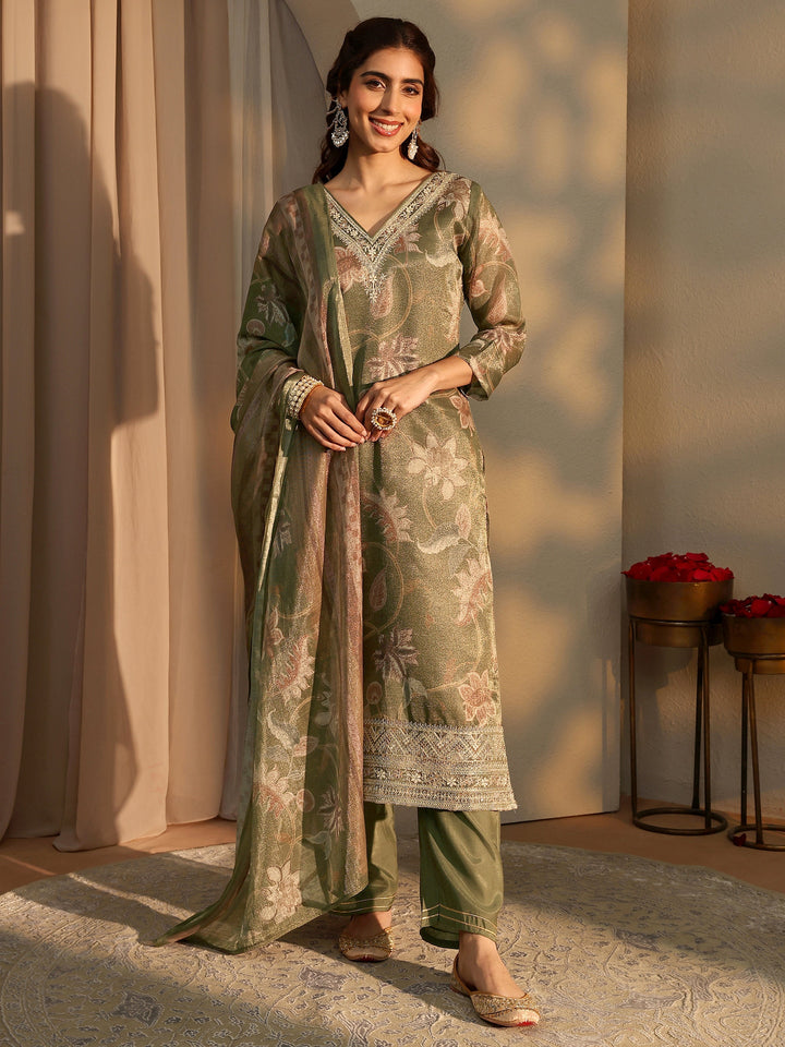 Olive Floral Printed Silk Blend Straight Suit Set With Dupatta