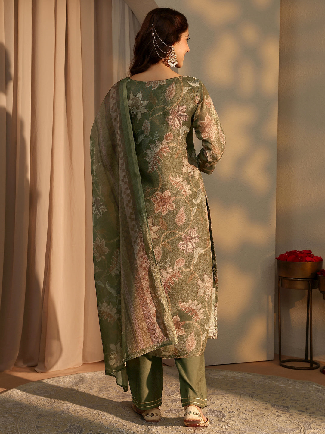 Olive Floral Printed Silk Blend Straight Suit Set With Dupatta