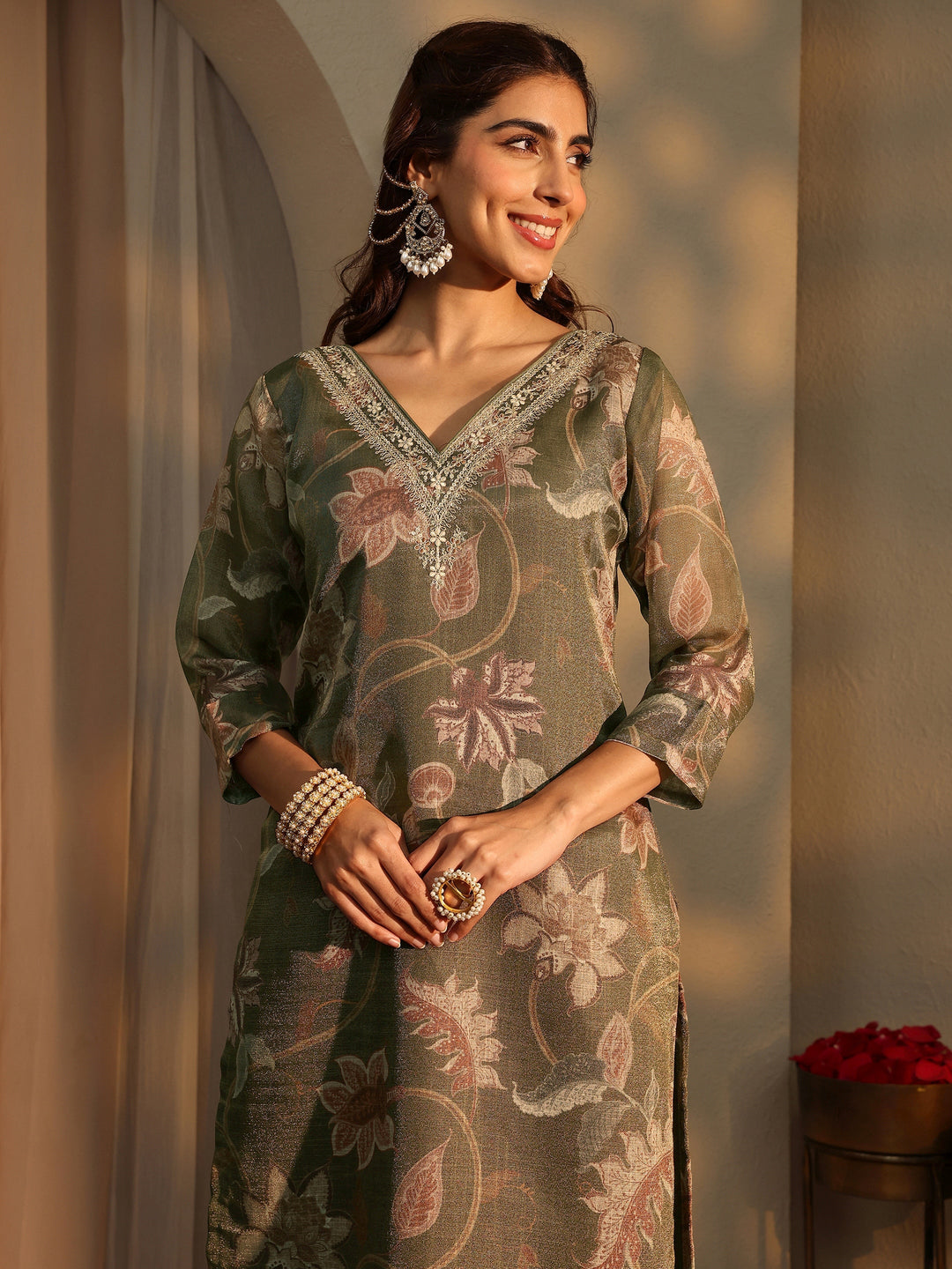 Olive Floral Printed Silk Blend Straight Suit Set With Dupatta