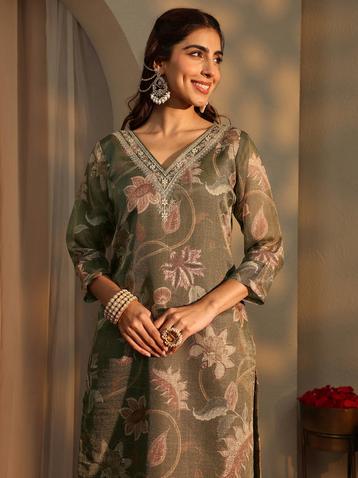 Olive Floral Printed Silk Blend Straight Suit Set With Dupatta