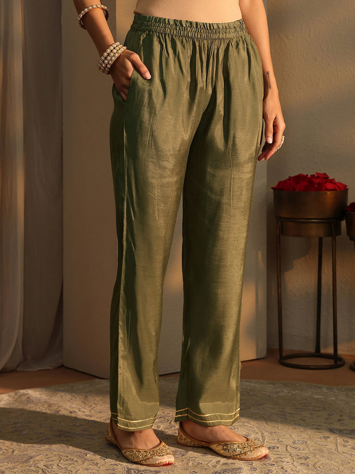 Olive Floral Printed Silk Blend Straight Suit Set With Dupatta