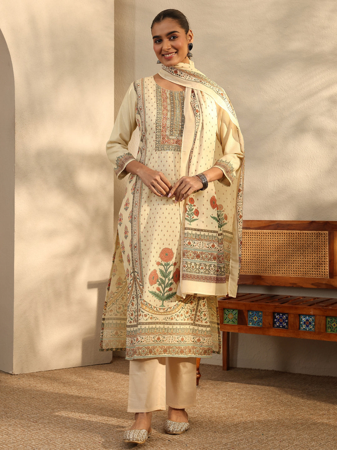 Beige Printed Cotton Blend Straight Suit Set With Dupatta