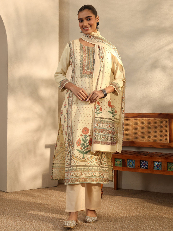 Beige Printed Cotton Blend Straight Suit Set With Dupatta