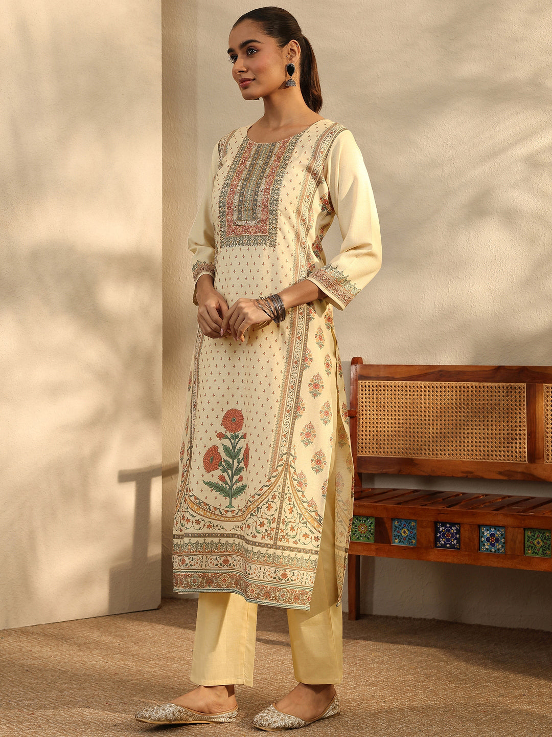 Beige Printed Cotton Blend Straight Suit Set With Dupatta