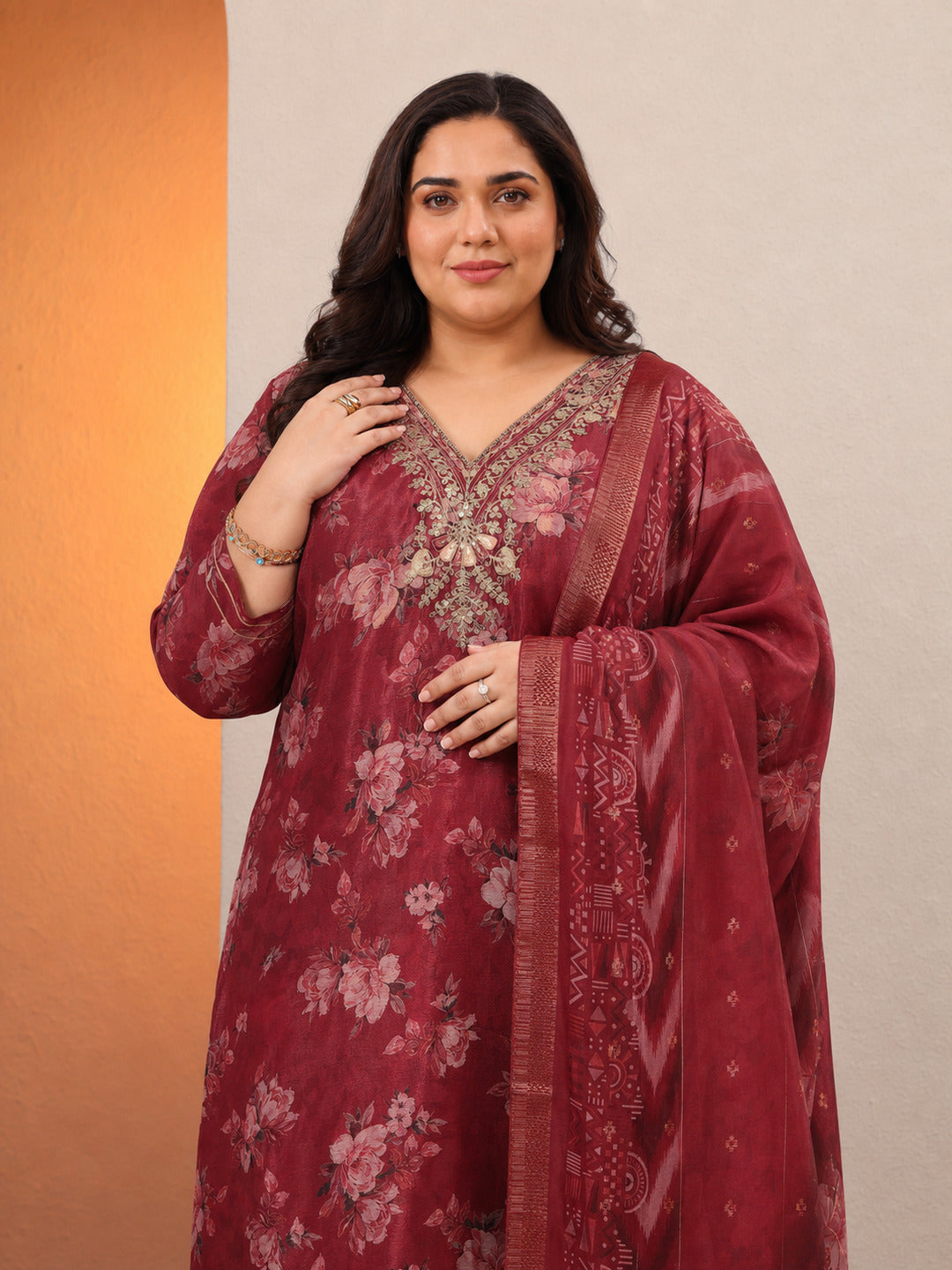 Plus Size Red Printed Chinon Straight Suit Set With Dupatta