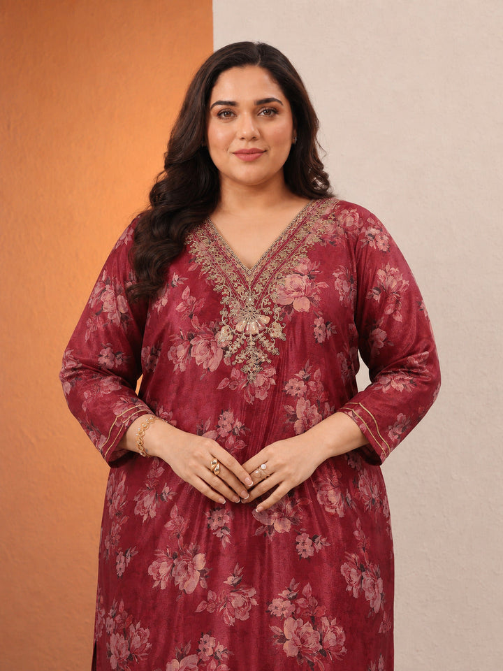 Plus Size Red Printed Chinon Straight Suit Set With Dupatta