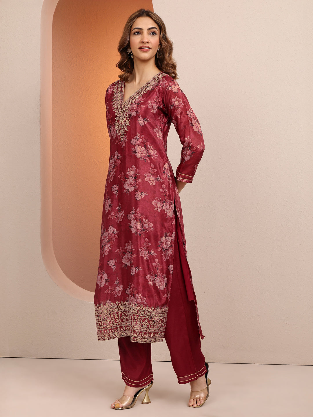 Red Printed Chinon Straight Suit Set With Dupatta