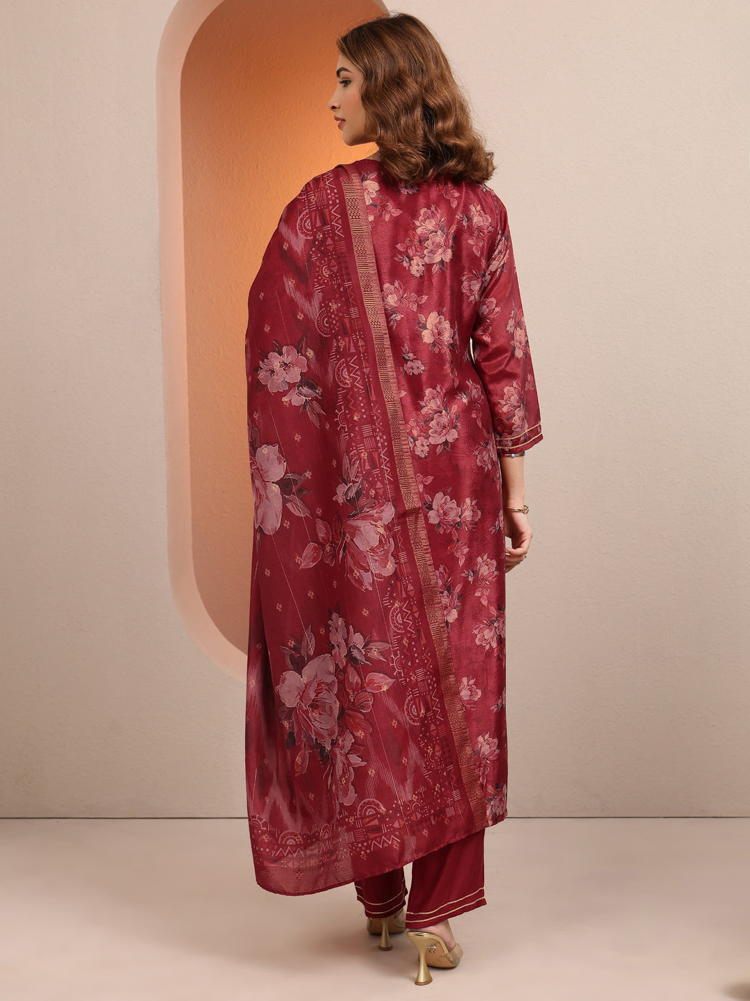 Red Printed Chinon Straight Suit Set With Dupatta