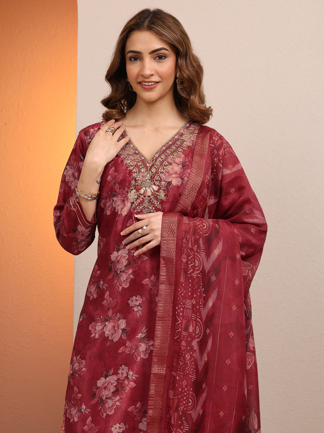 Red Printed Chinon Straight Suit Set With Dupatta