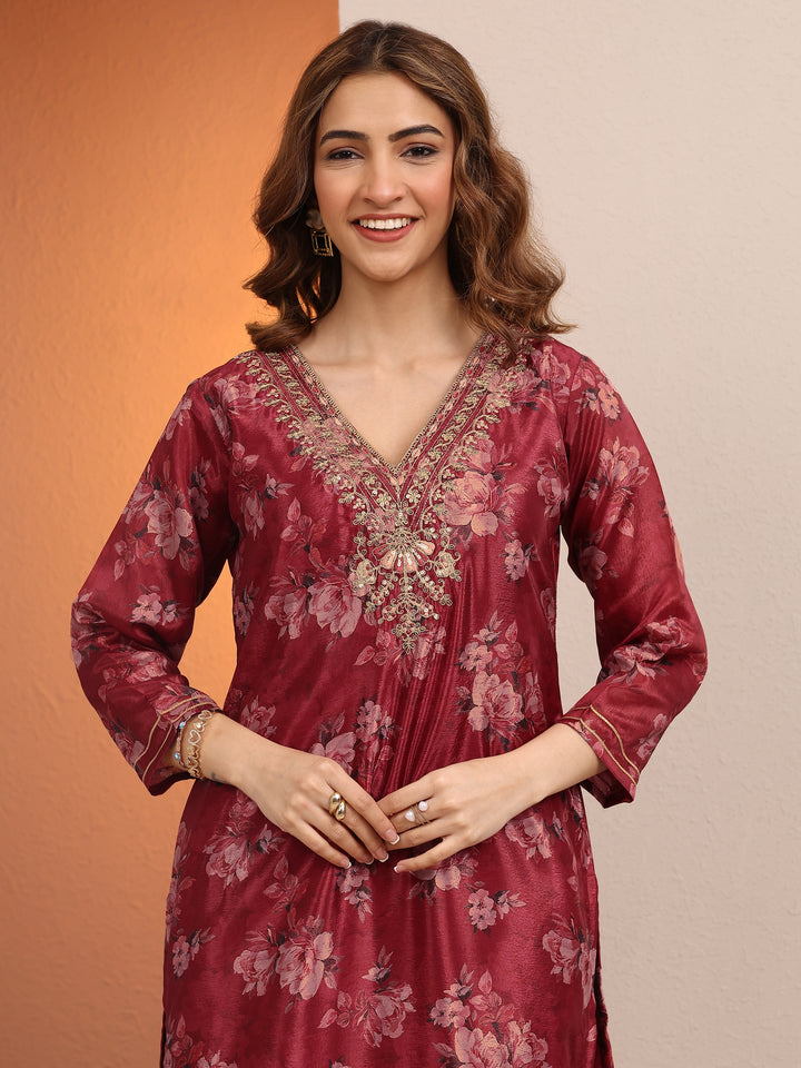 Red Printed Chinon Straight Suit Set With Dupatta