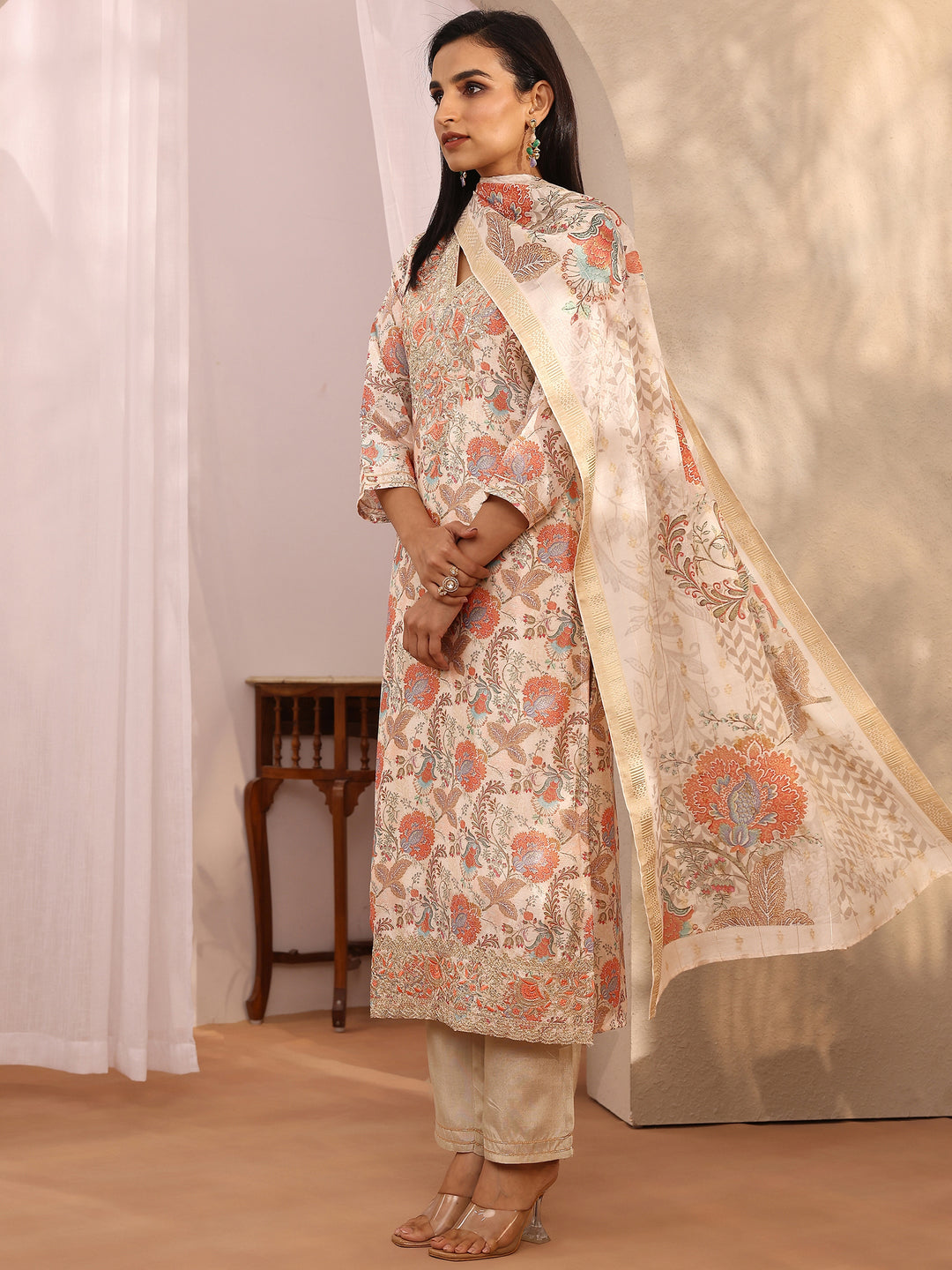 Off White Printed Chinon Straight Suit Set With Dupatta