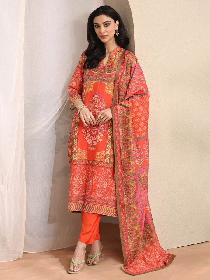 Orange Printed Muslin Straight Suit Set With Dupatta