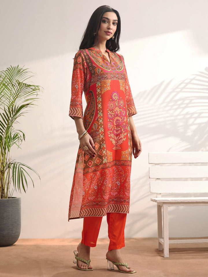 Orange Printed Muslin Straight Suit Set With Dupatta