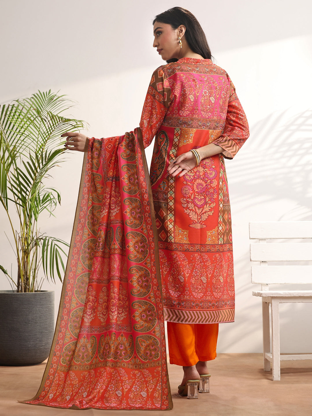 Orange Printed Muslin Straight Suit Set With Dupatta