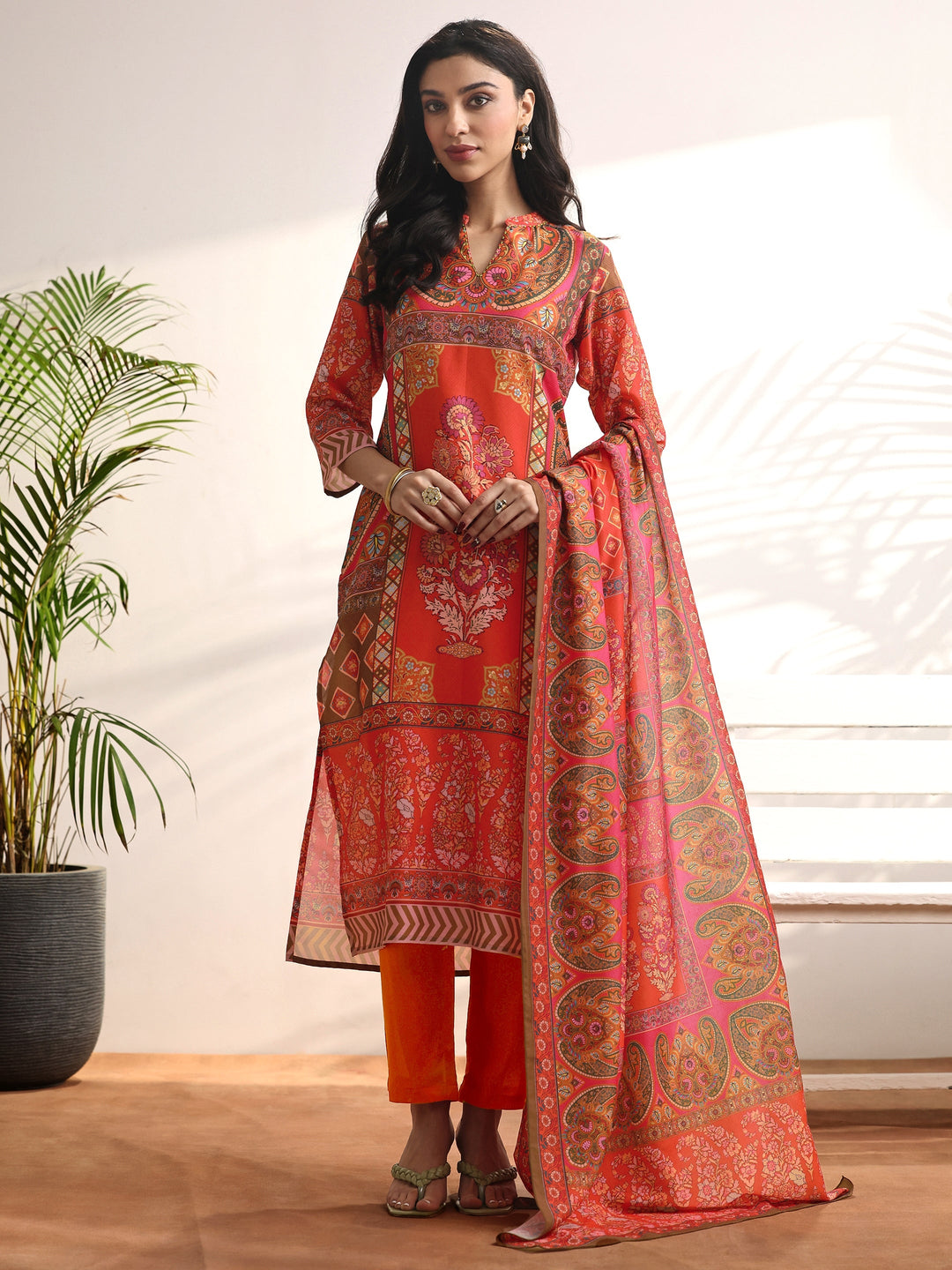 Orange Printed Muslin Straight Suit Set With Dupatta