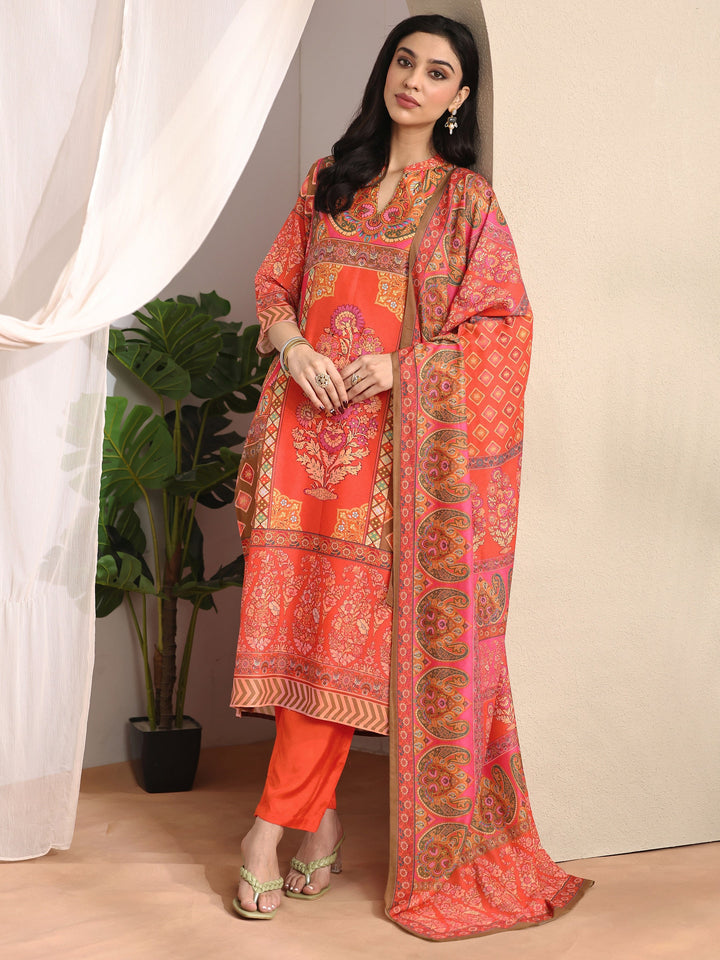 Orange Printed Muslin Straight Suit Set With Dupatta