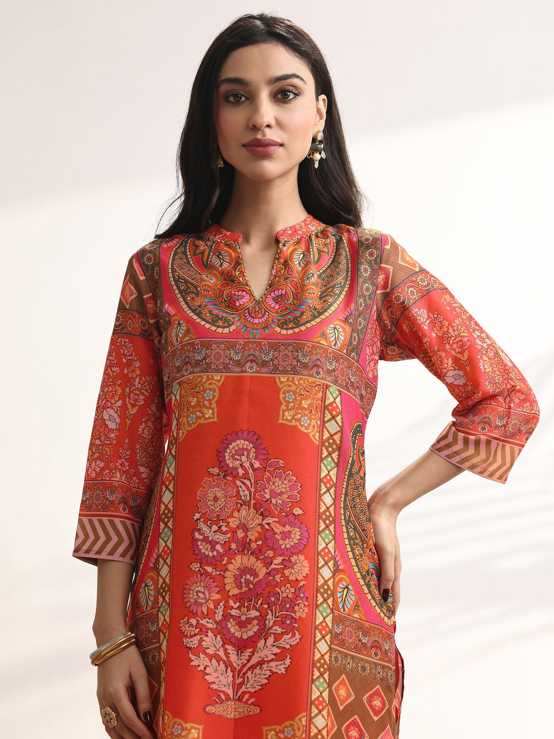 Orange Printed Muslin Straight Suit Set With Dupatta