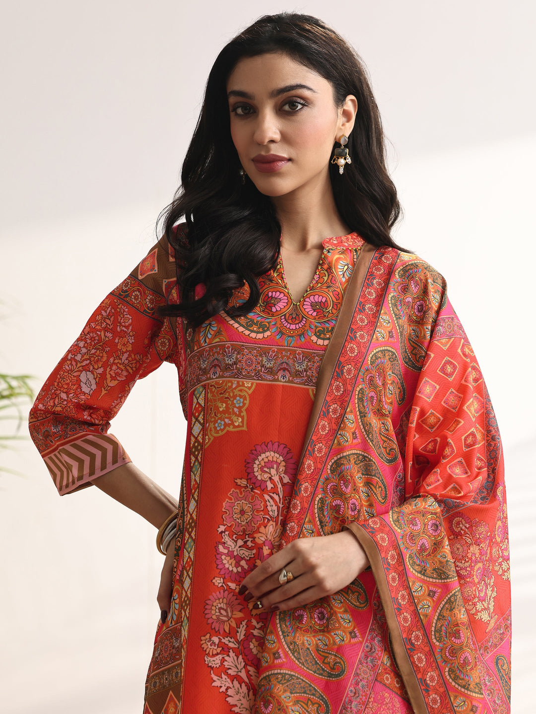 Orange Printed Muslin Straight Suit Set With Dupatta