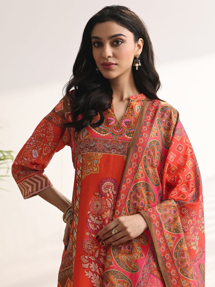 Orange Printed Muslin Straight Suit Set With Dupatta