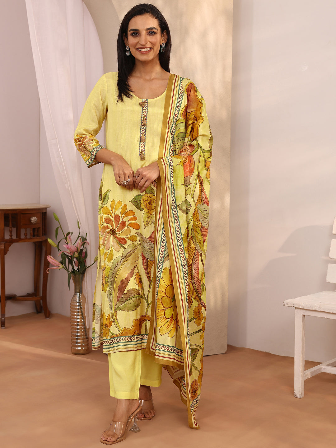 Yellow Printed Muslin Straight Suit Set With Dupatta