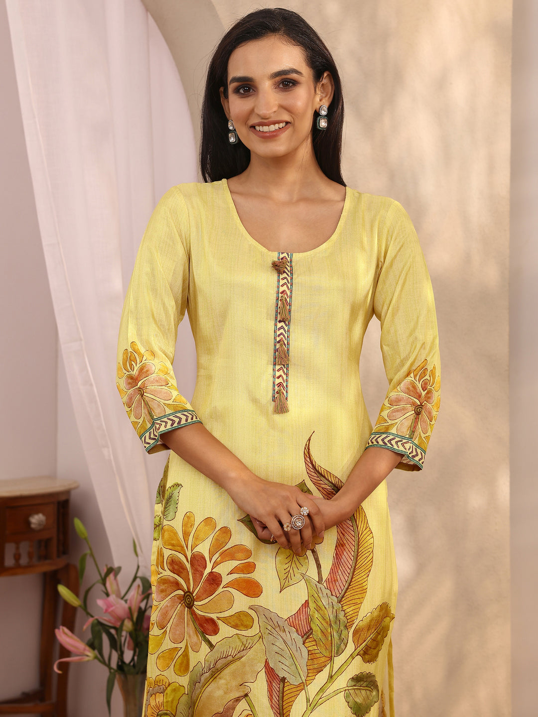 Yellow Printed Muslin Straight Suit Set With Dupatta