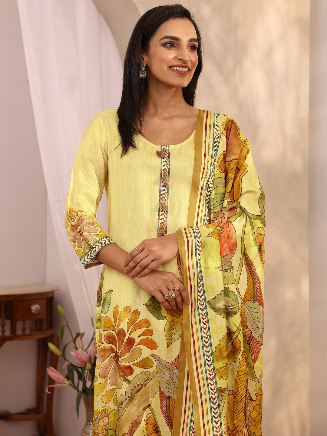 Yellow Printed Muslin Straight Suit Set With Dupatta
