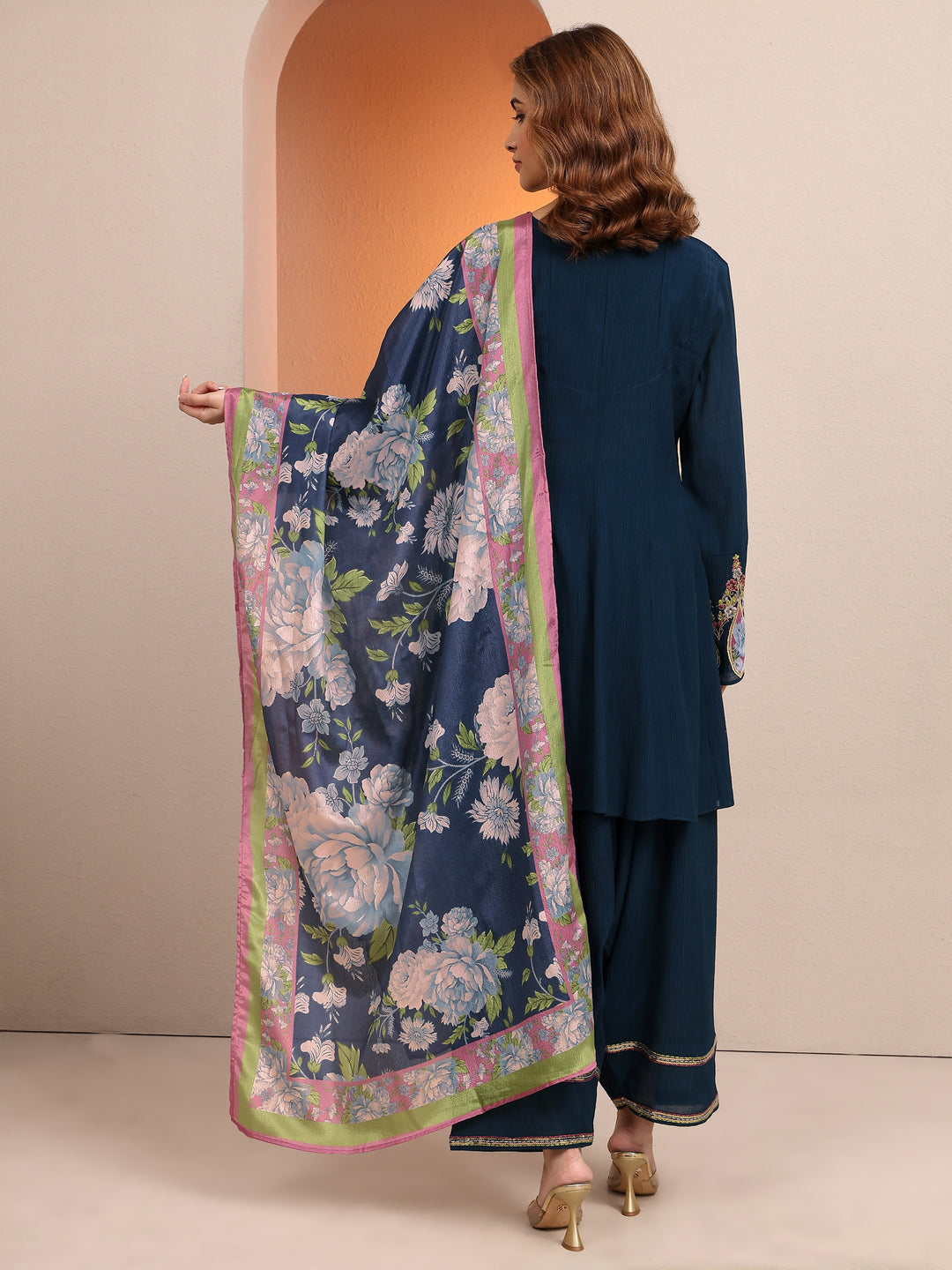 Navy Blue Embellished cotton blend A-line Suit Set With Dupatta