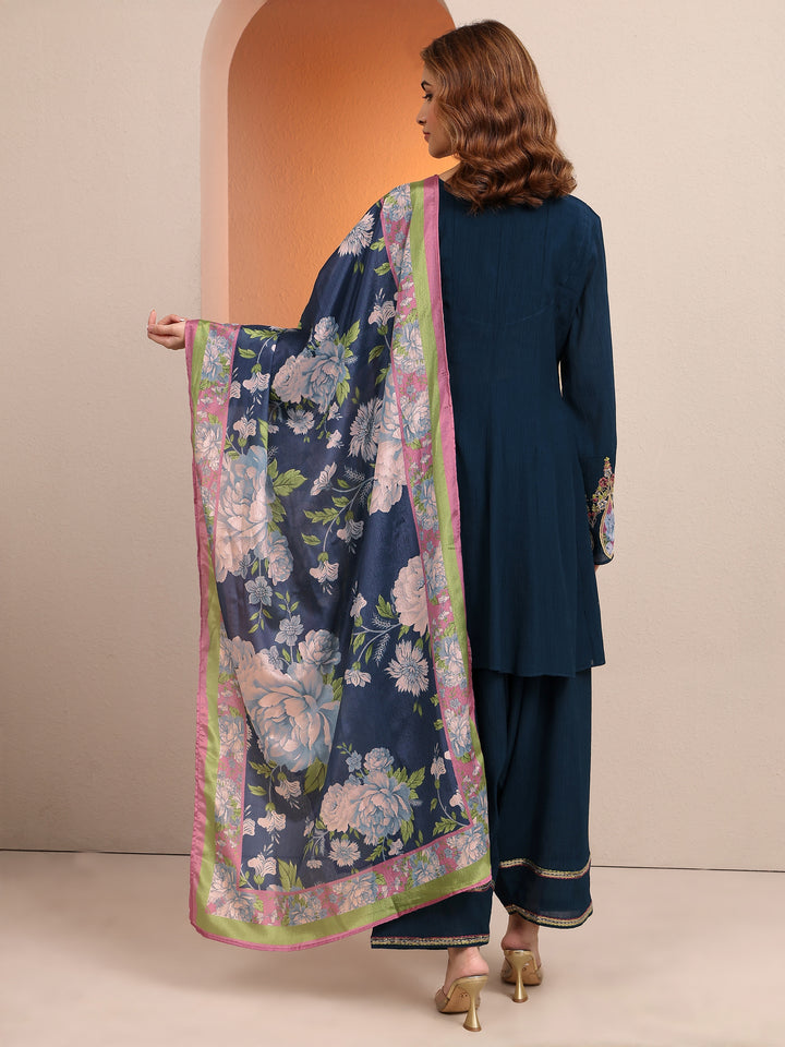 Navy Blue Embellished cotton blend A-line Suit Set With Dupatta