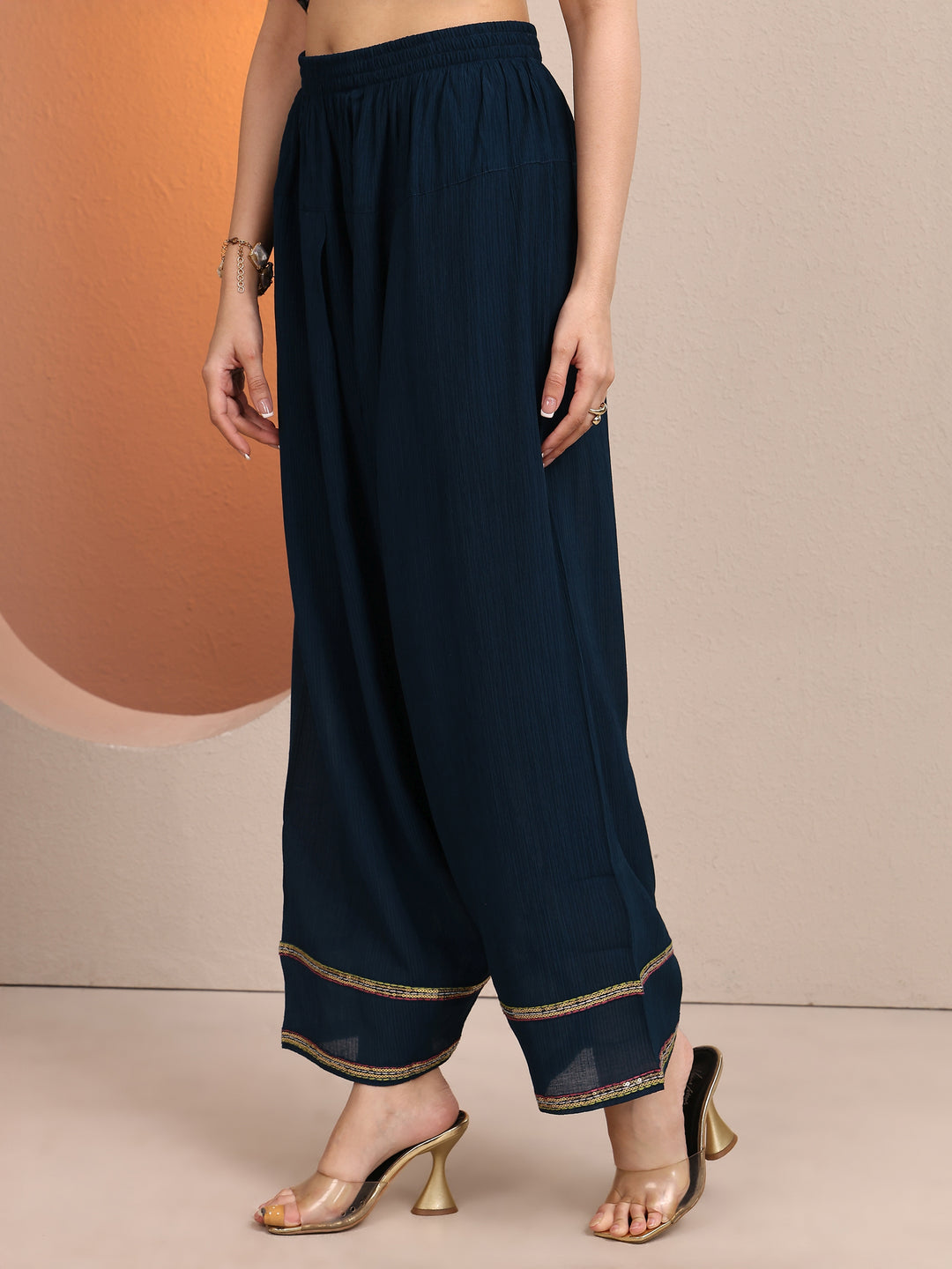 Navy Blue Embellished cotton blend A-line Suit Set With Dupatta