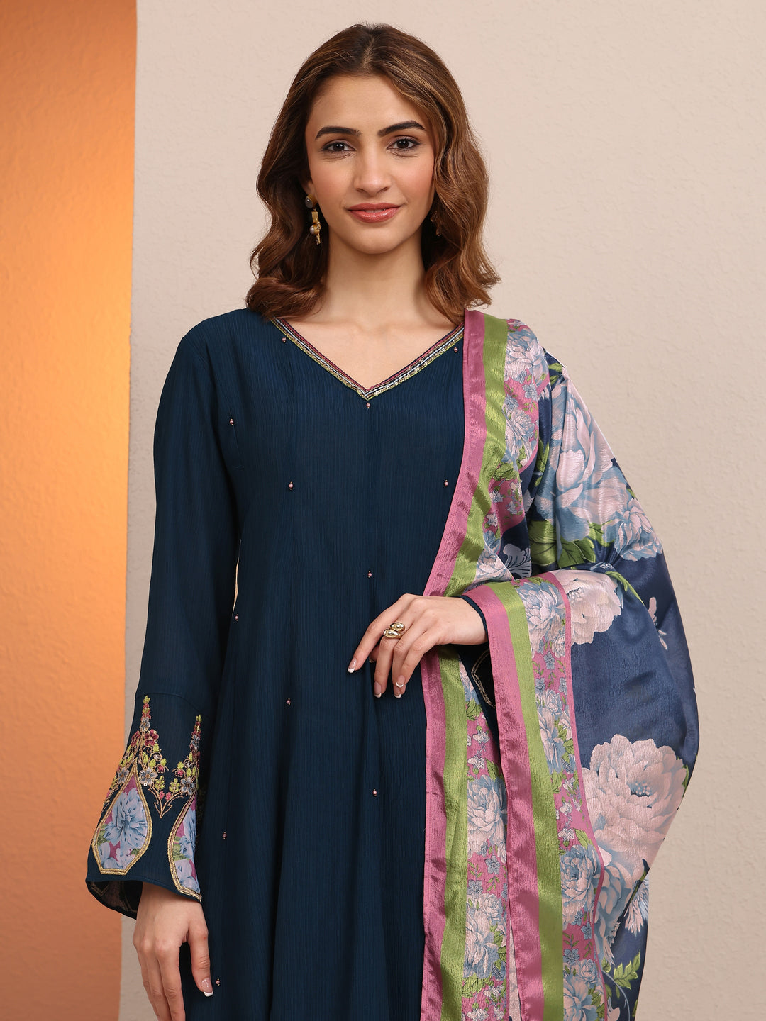 Navy Blue Embellished cotton blend A-line Suit Set With Dupatta