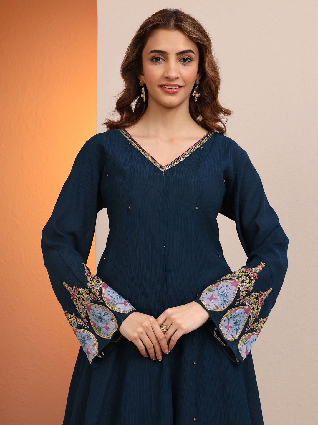 Navy Blue Embellished cotton blend A-line Suit Set With Dupatta
