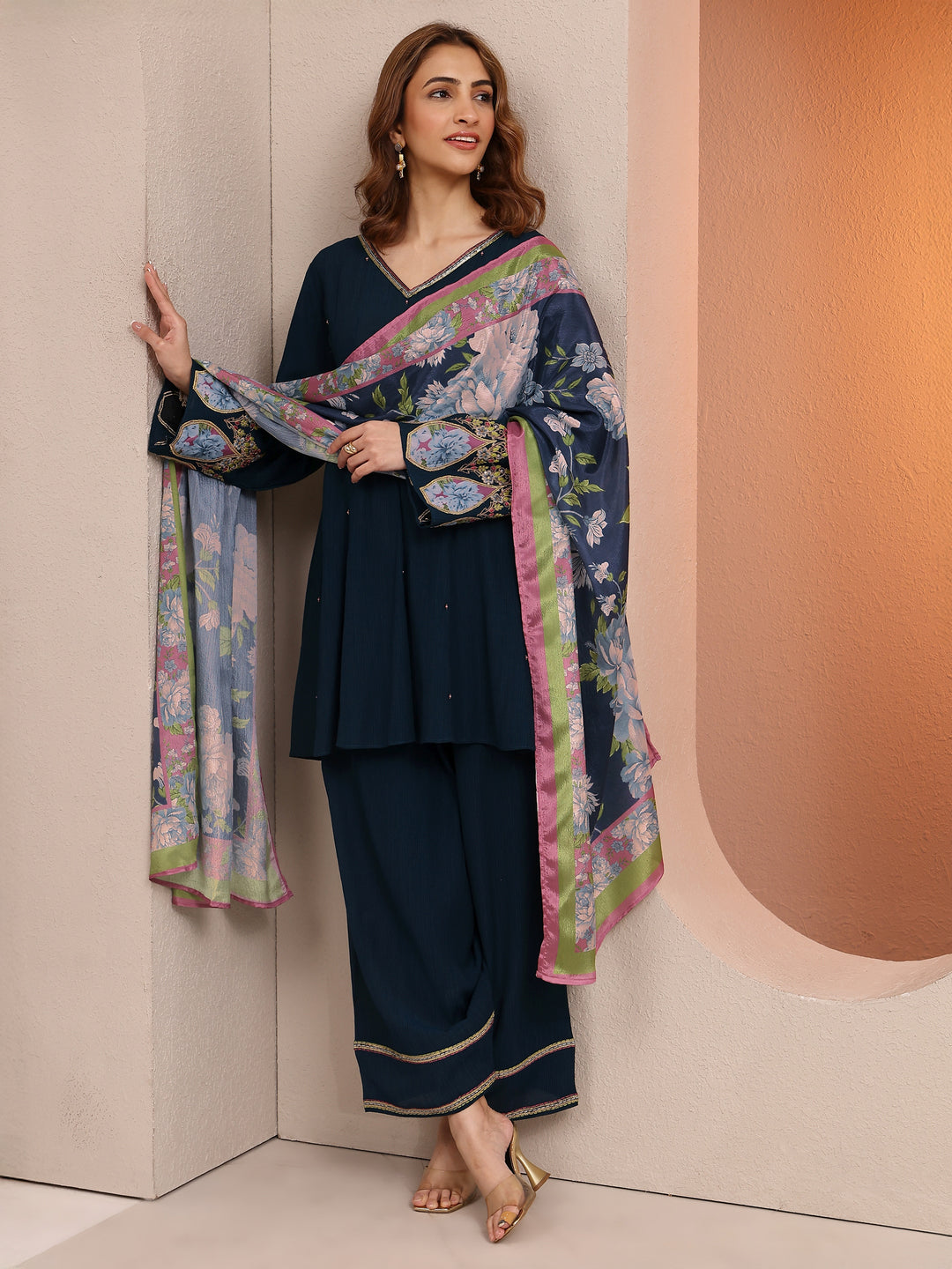Navy Blue Embellished cotton blend A-line Suit Set With Dupatta