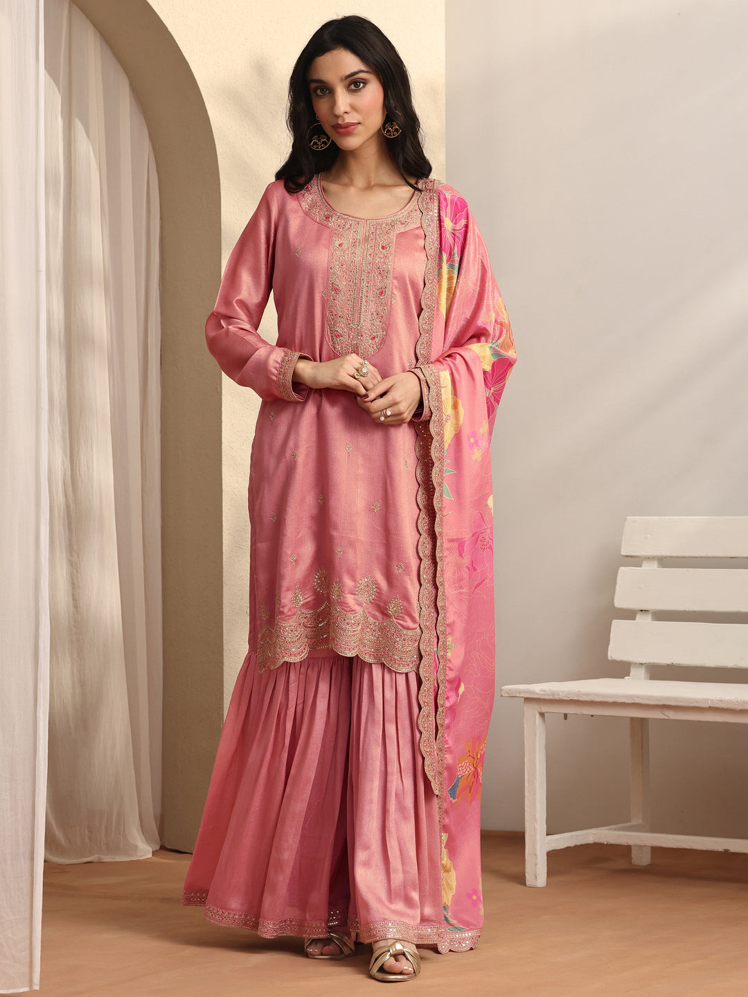 Pink Embroidered Silk blend Straight Suit Set With Dupatta