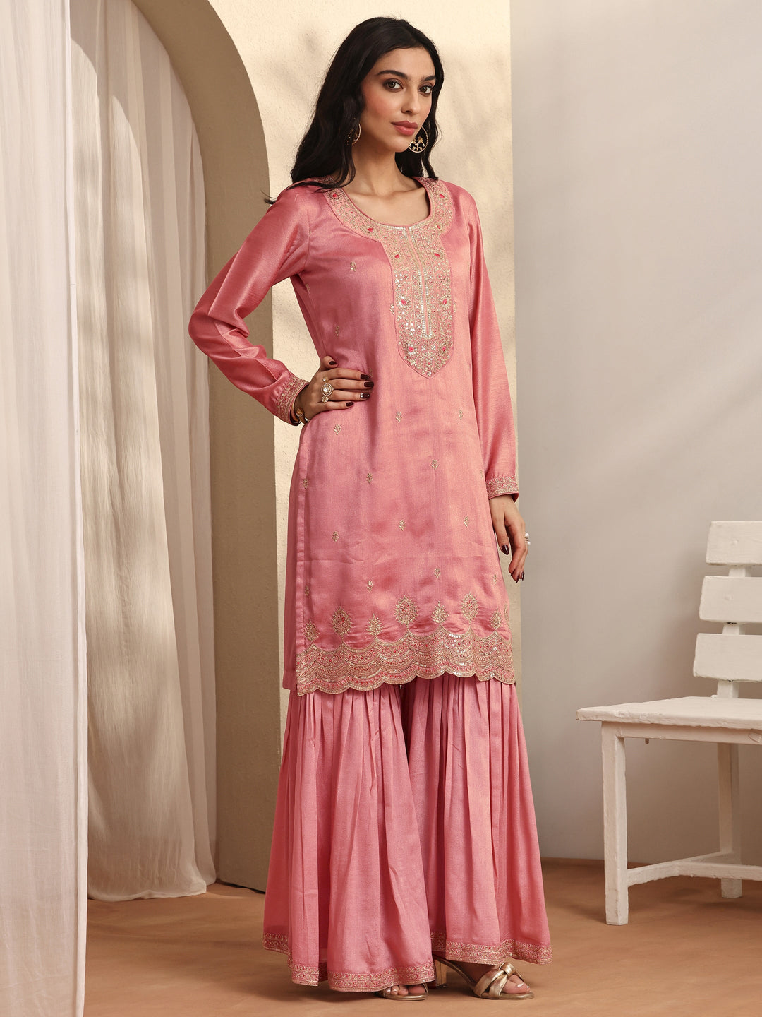 Pink Embroidered Silk blend Straight Suit Set With Dupatta