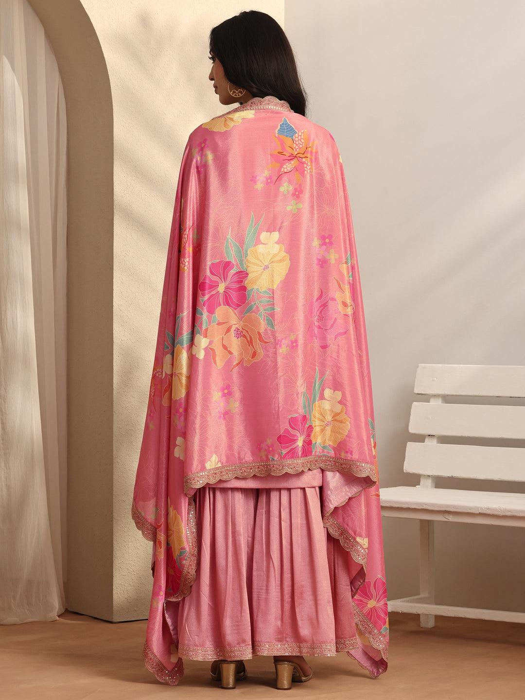 Pink Embroidered Silk blend Straight Suit Set With Dupatta
